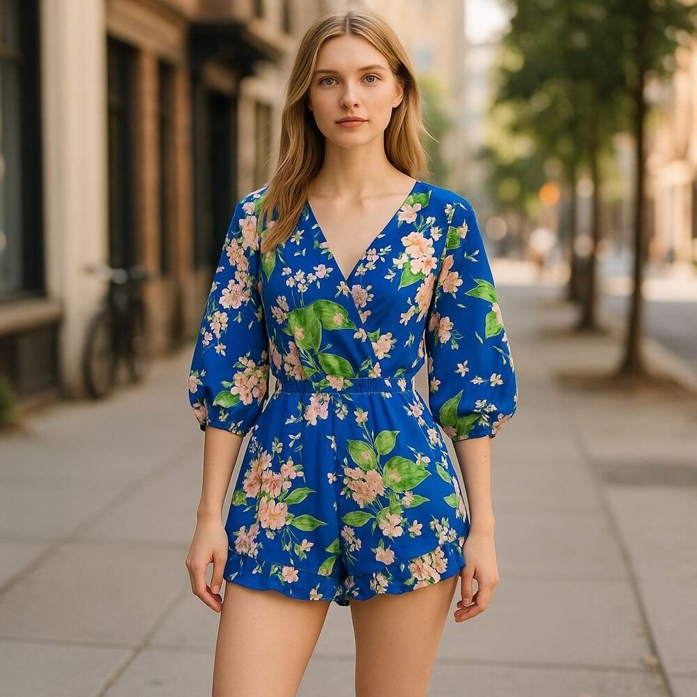 NEW Sage Floral Romper Shorts Sz M Wrap V-Neck Front Short Sleeve Elastic Waist